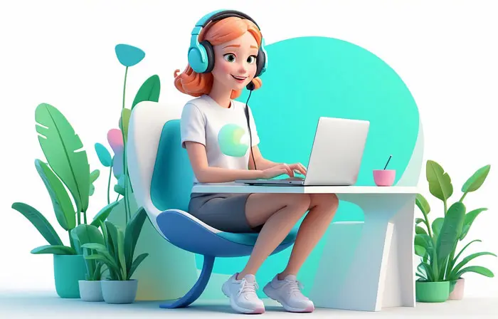Teenage Girl Typing on a Laptop Realistic 3D Cartoon Character Illustration